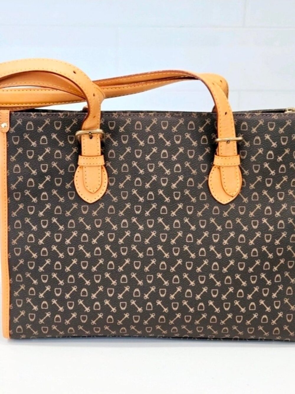 WHY Fieldstone Monogram Equestrian Tote Bag Brown Tan Leather NWT